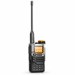 QUANSHENG UV-K5(8) black and silver handheld radio with orange accents