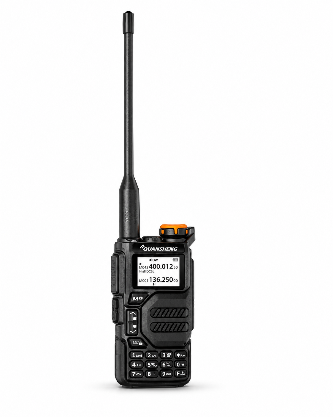 QUANSHENG UV-K5 handheld ham radio with long antenna on a white background