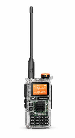 QUANSHENG UV-K5(99) transparent handheld ham radio on a white background