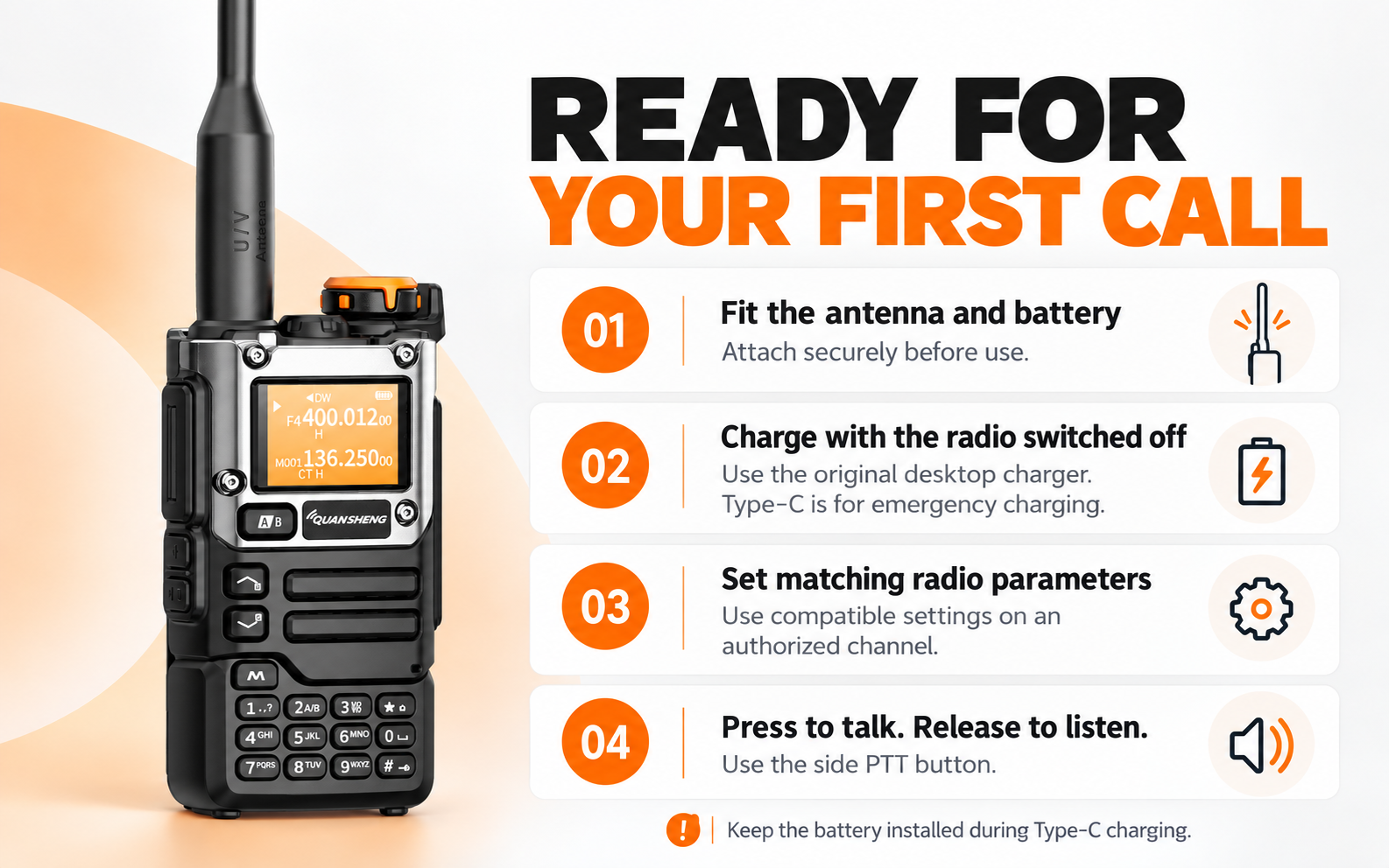 UV-K5(8) four-step first-use guide: antenna and battery, charging, channel setup and PTT