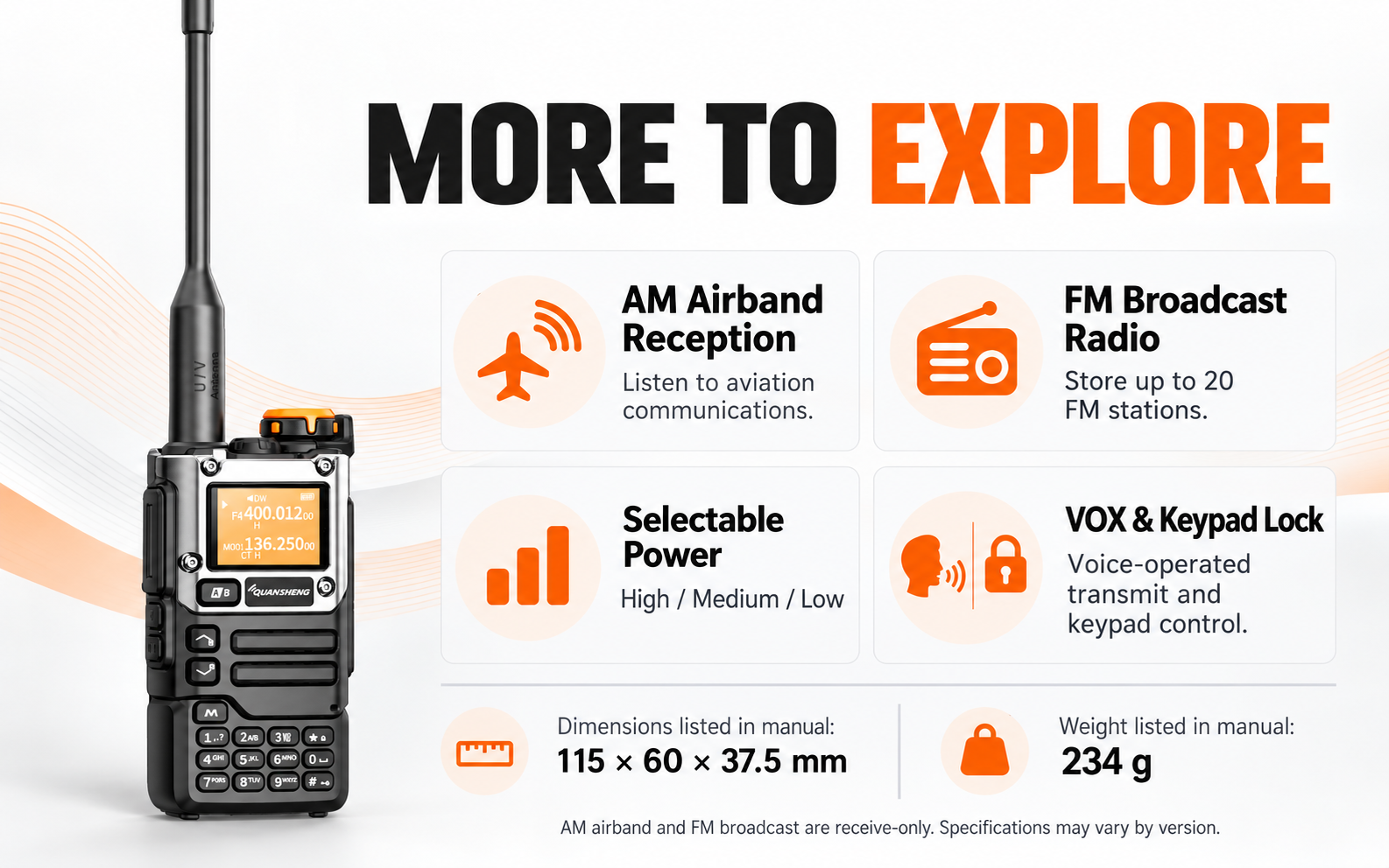UV-K5(8) AM airband and FM reception, selectable power, VOX and keypad lock
