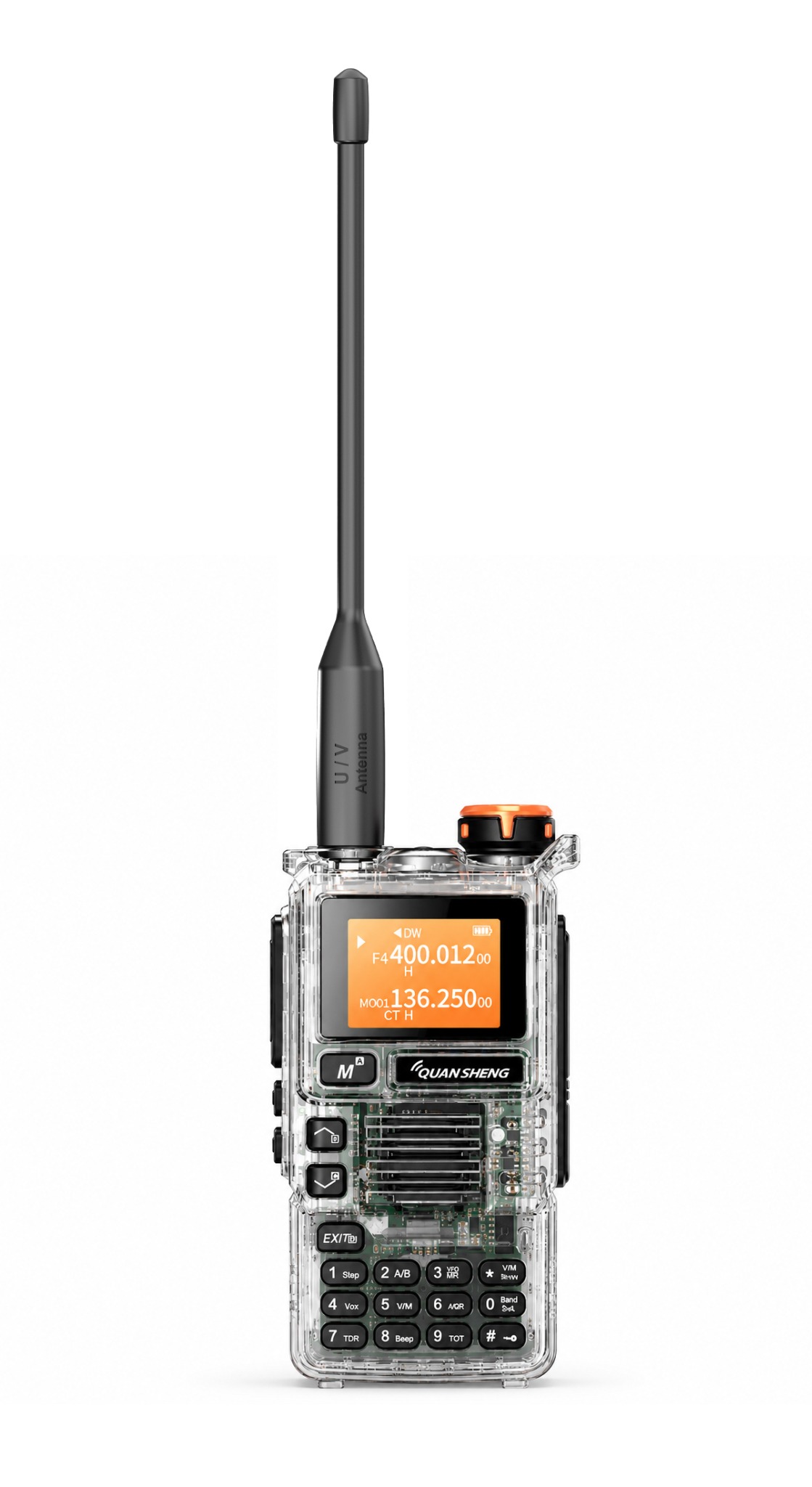 Transparent QUANSHENG handheld radio with its original antenna