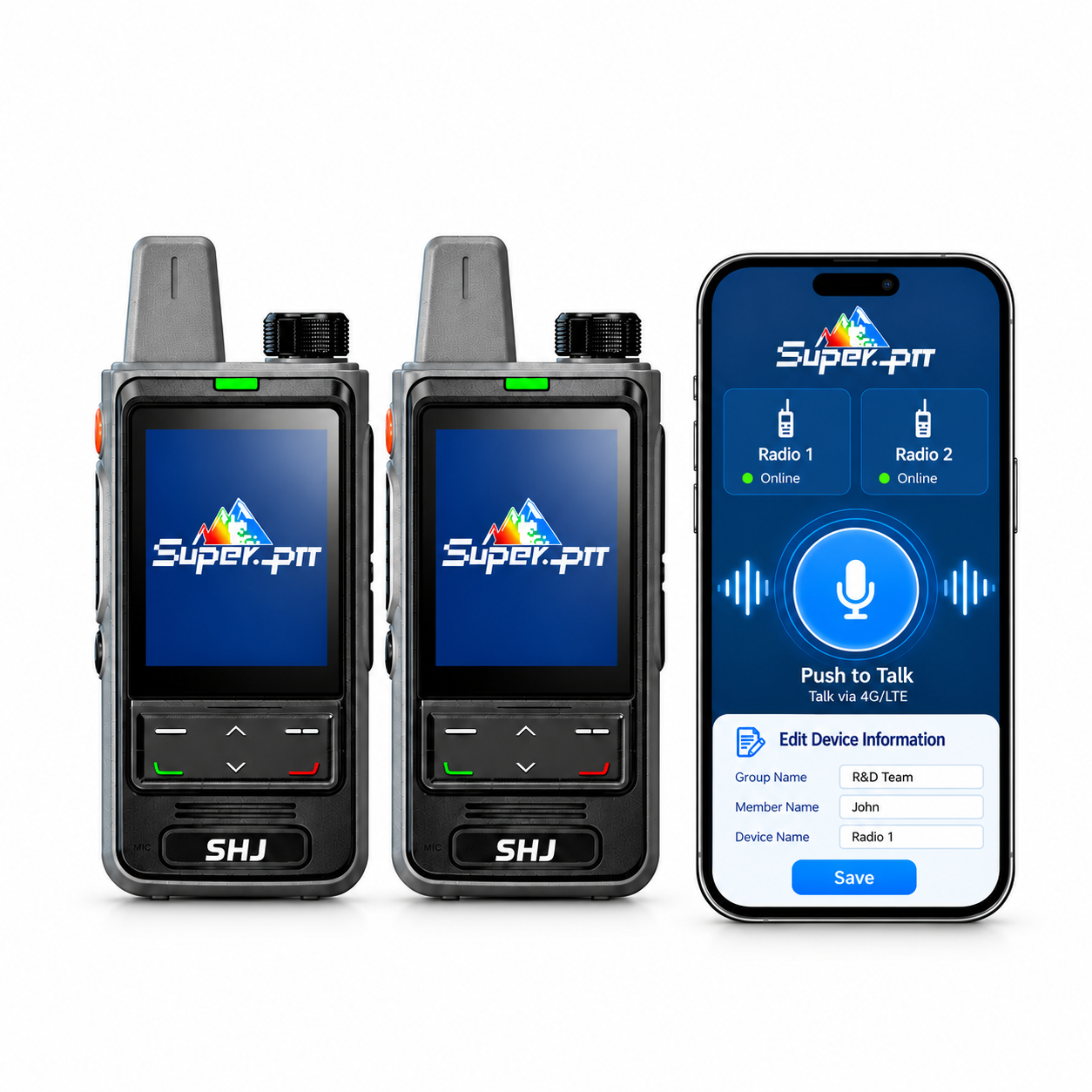 SHJ Super-PTT network radios and a smartphone