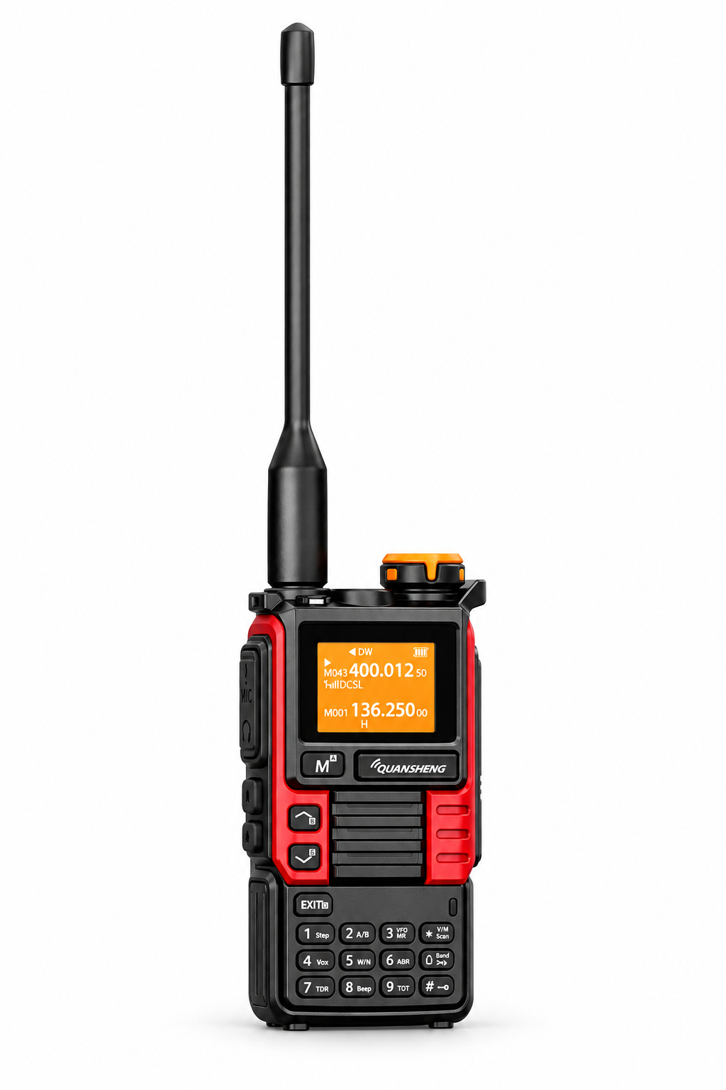 QUANSHENG UV-K5(99) Red Edition handheld two-way radio with red and black housing and long black antenna
