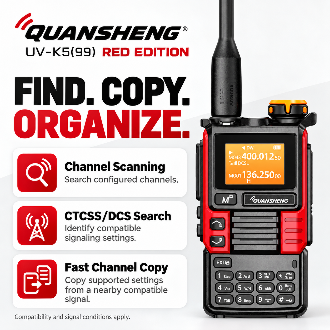 UV-K5(99) Red Edition scanning CTCSS DCS search and fast channel copy