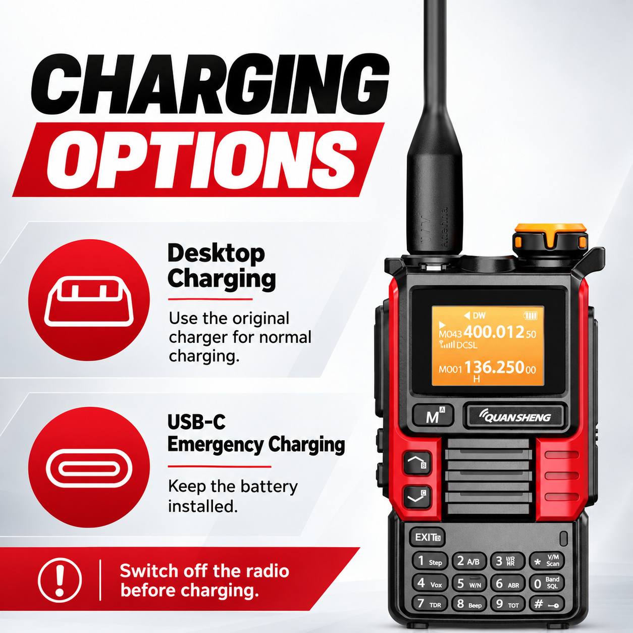 UV-K5(99) Red Edition desktop and USB-C emergency charging