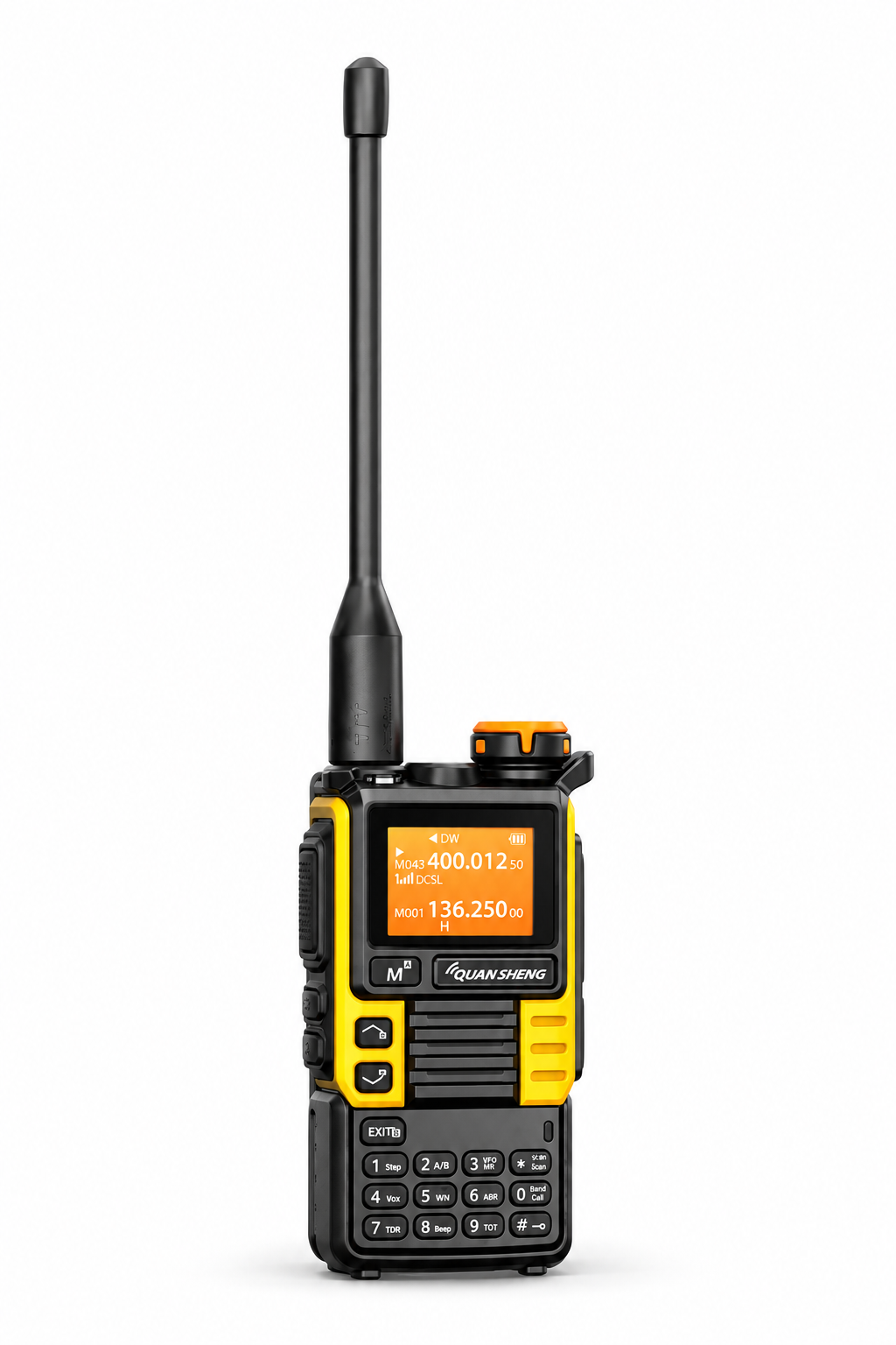 QUANSHENG UV-K5(99) Yellow Edition handheld two-way radio with yellow and black housing and a long black antenna