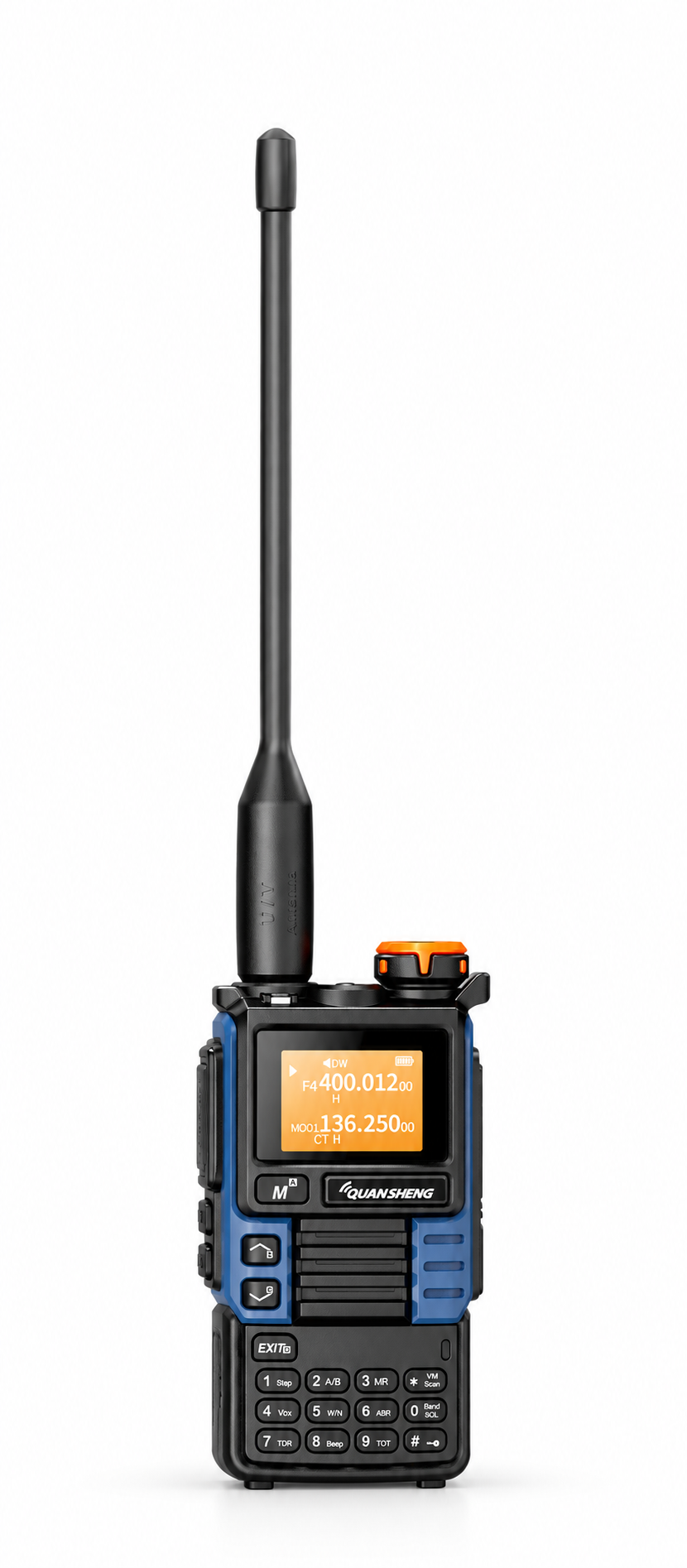 QUANSHENG UV-K5(99) Blue Edition single handheld radio on a white background