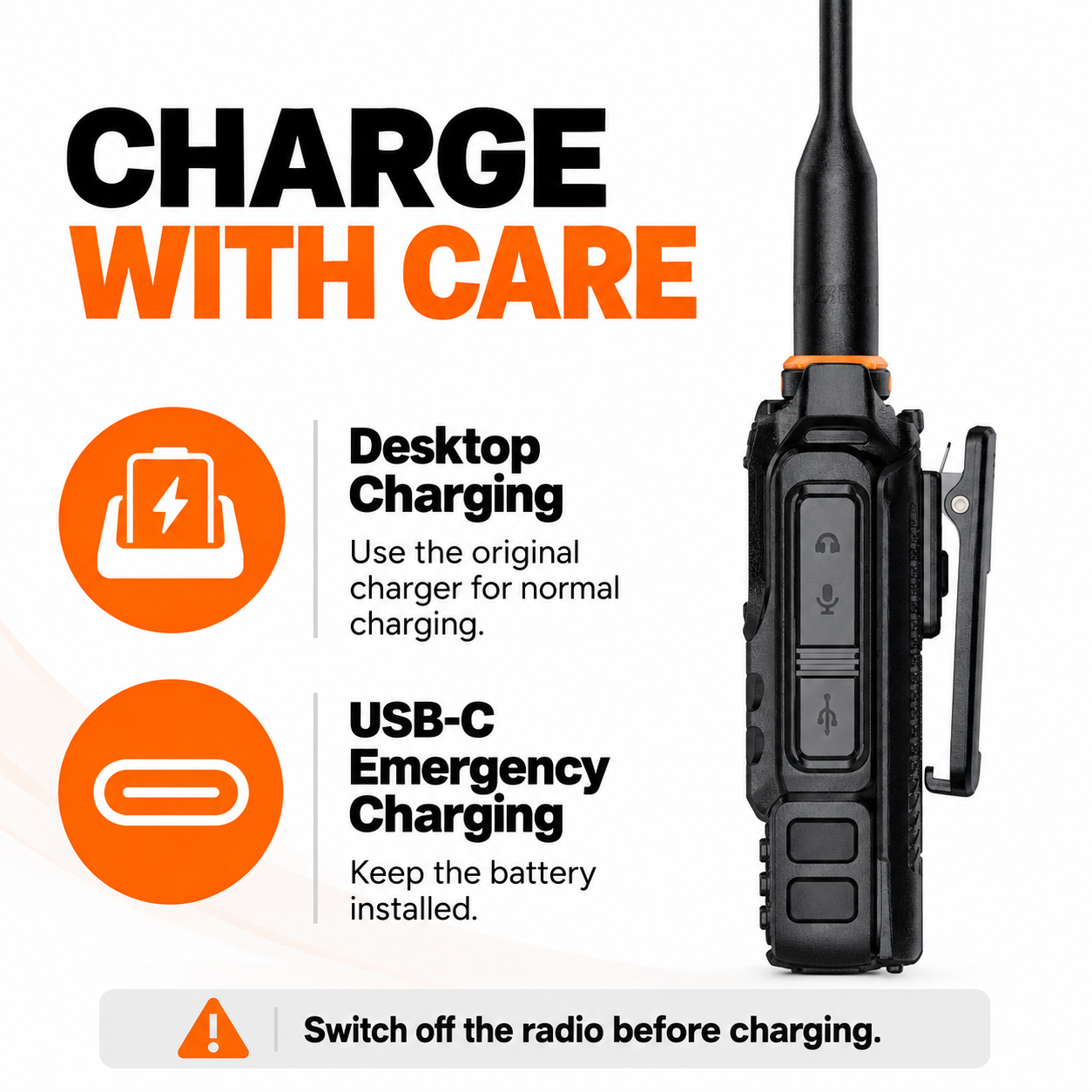 QUANSHENG UV-K5 desktop charging and USB-C emergency charging guidance