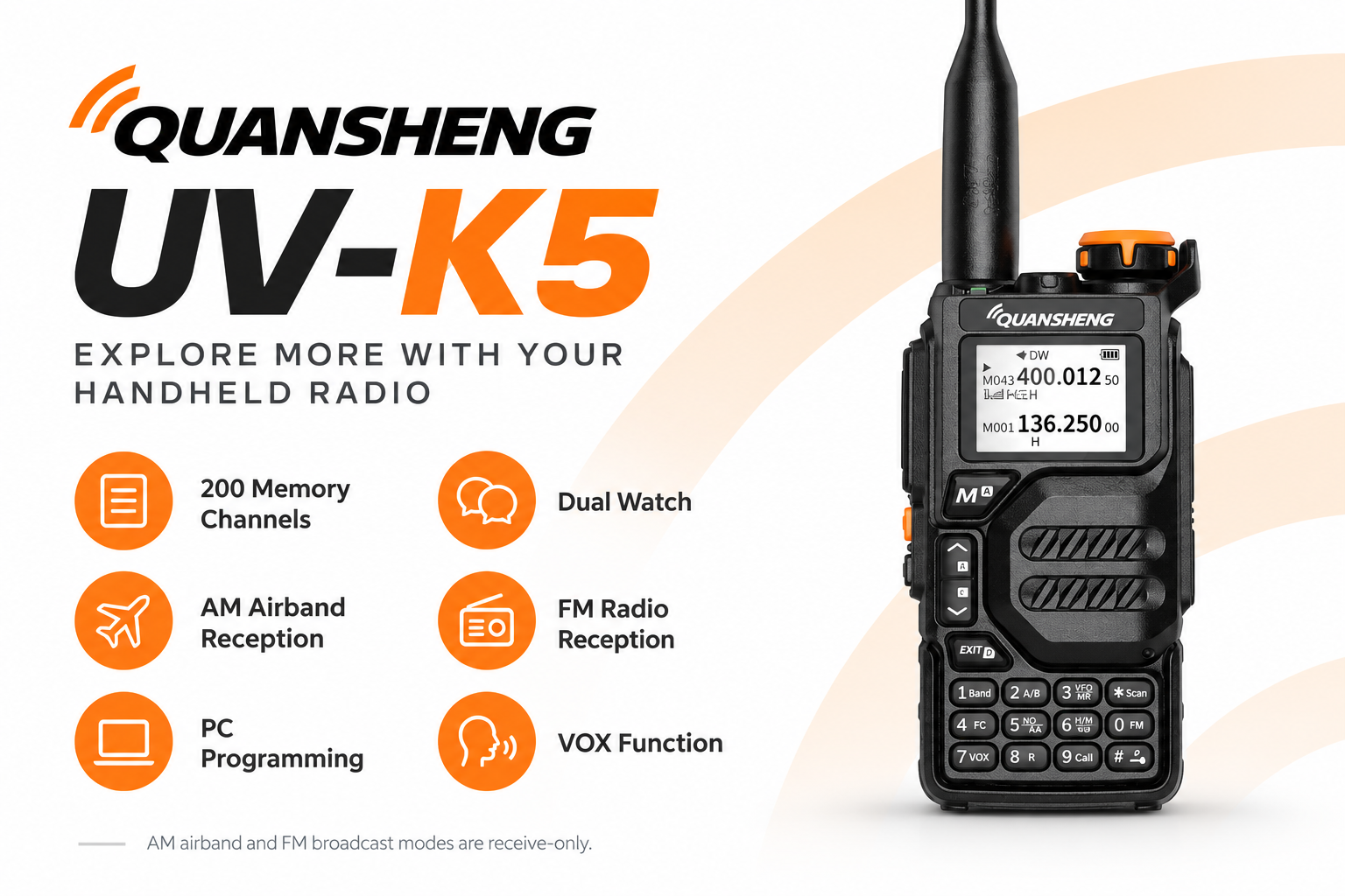 QUANSHENG UV-K5 feature overview: 200 channels, dual watch, AM and FM reception