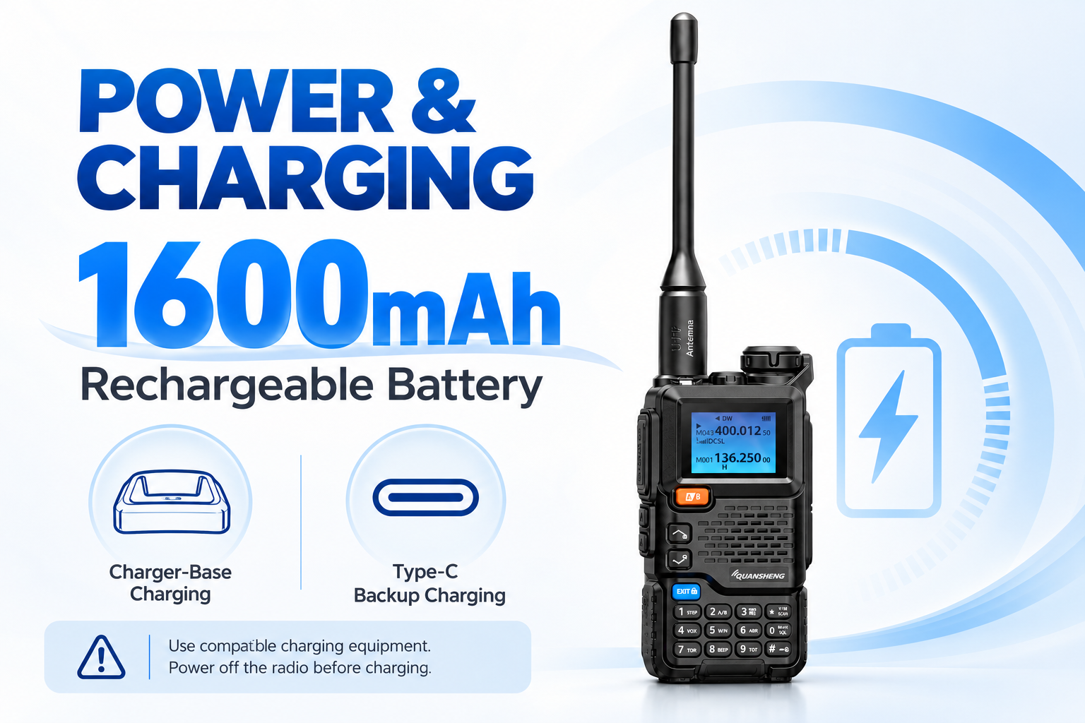 QUANSHENG UV-5RPLUS 1600mAh battery and charging guidance