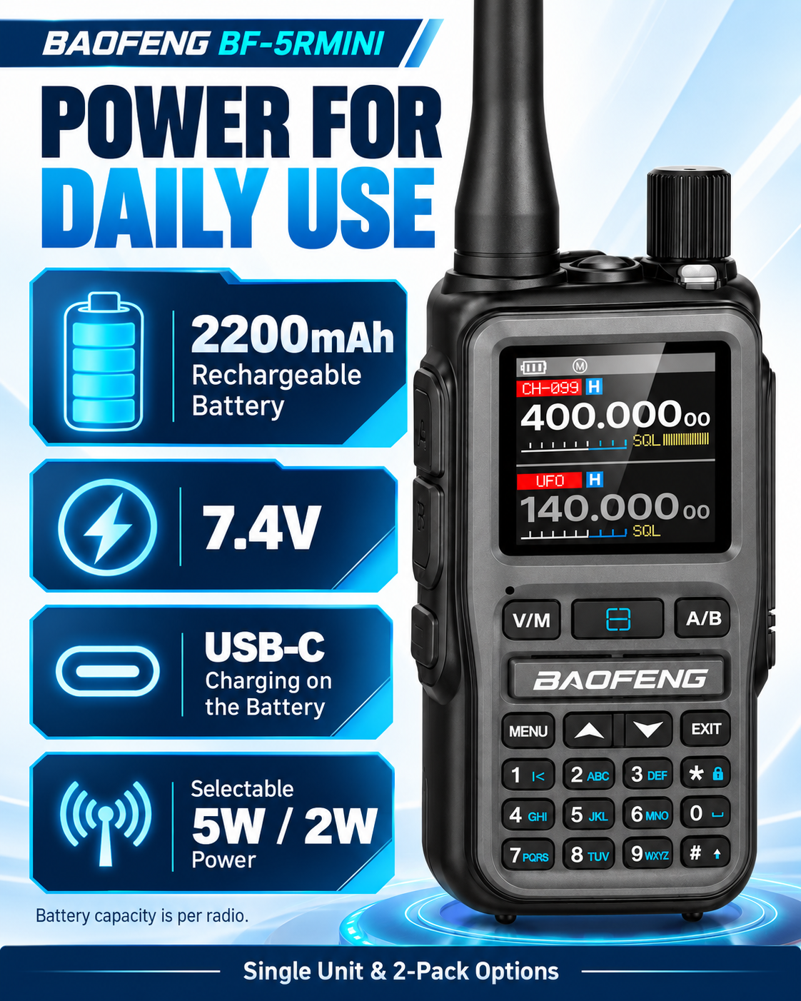BAOFENG BF-5RMINI 2200mAh battery USB-C charging and power