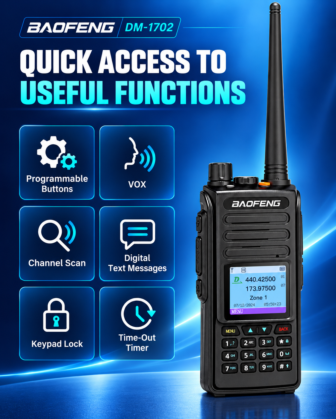 BAOFENG DM-1702 programmable buttons VOX scan messaging keypad lock and time-out timer