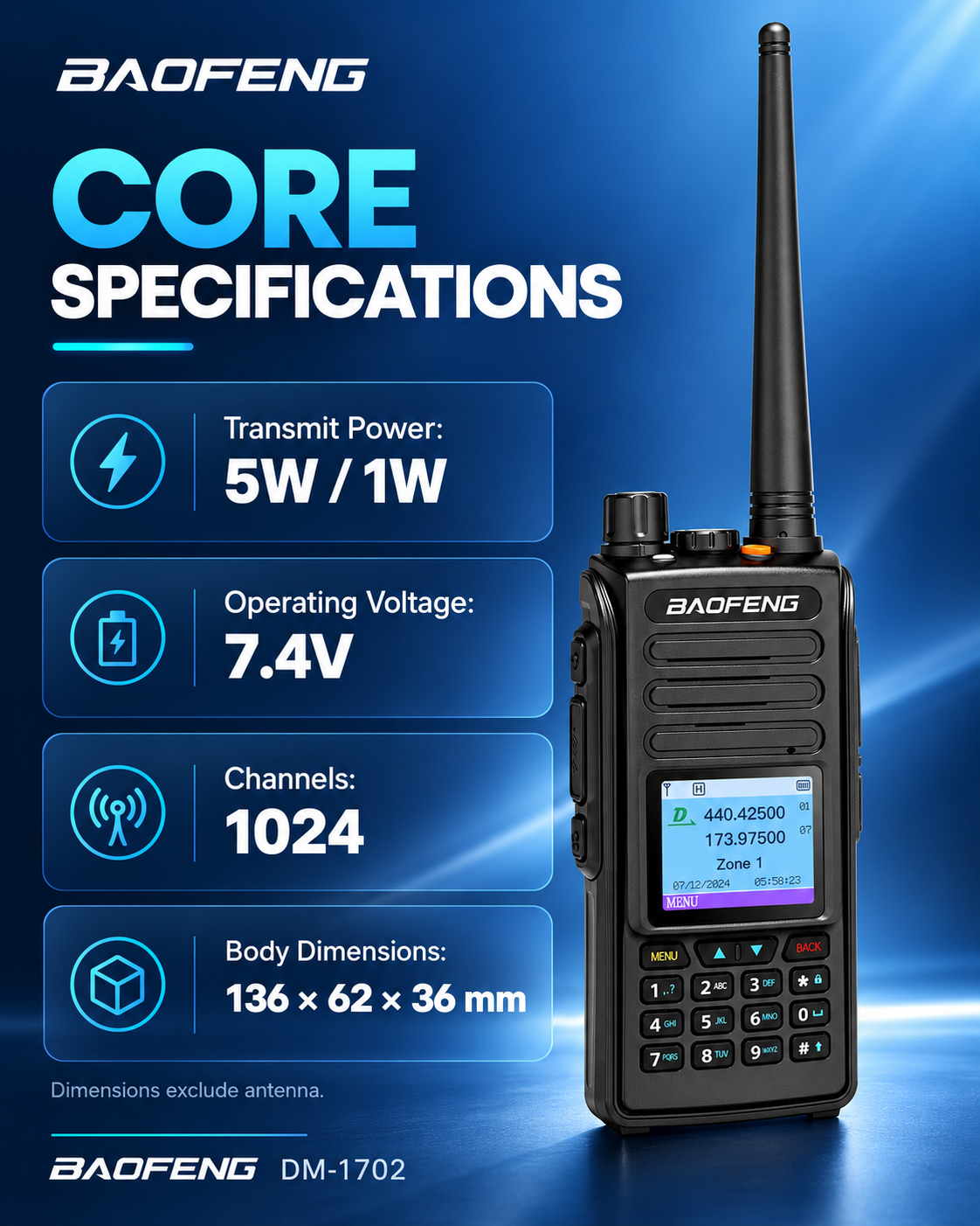 BAOFENG DM-1702 power voltage channel capacity and body dimensions