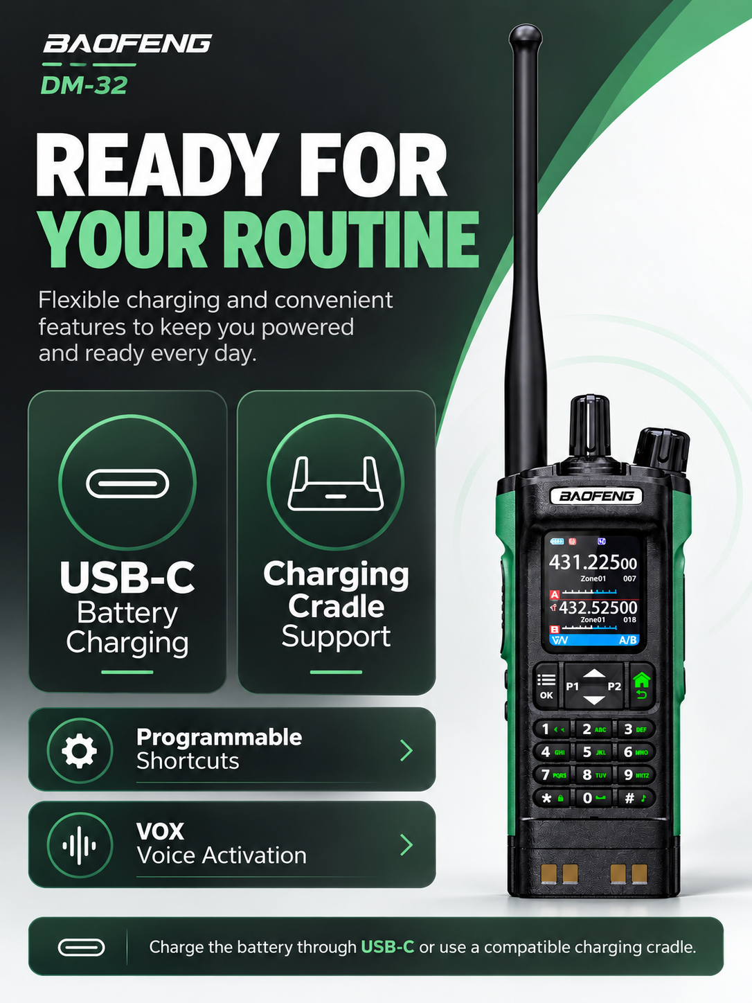 BAOFENG DM-32 USB-C battery charging, charging cradle support and shortcut functions