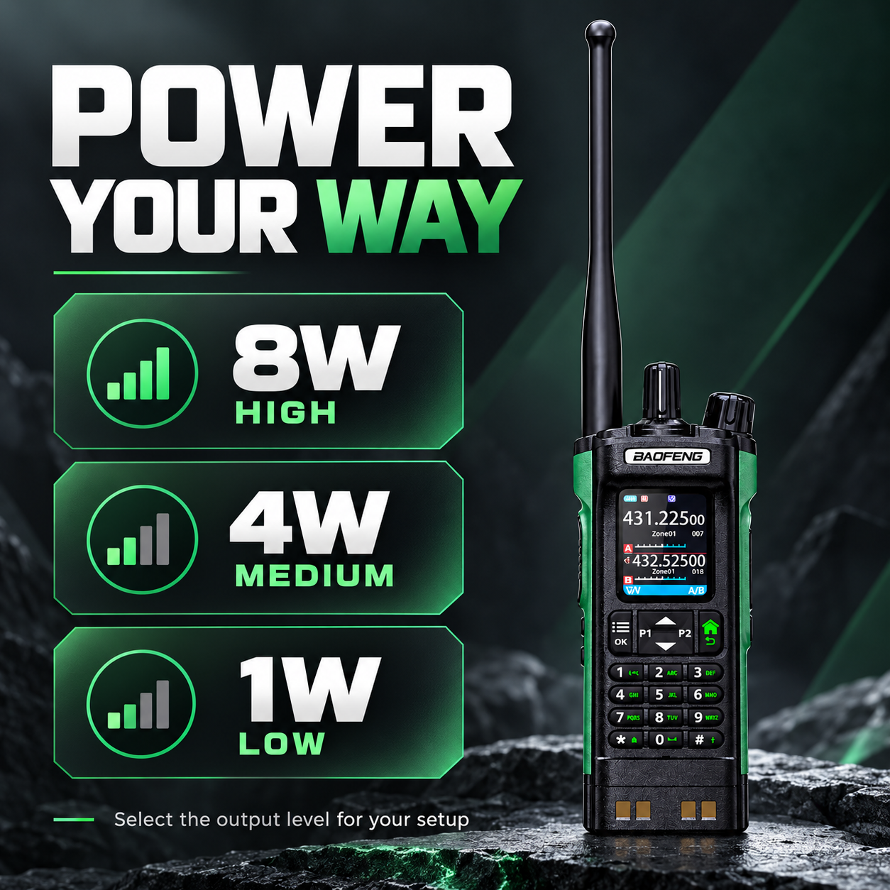 BAOFENG DM-32 selectable 8W high, 4W medium and 1W low power levels