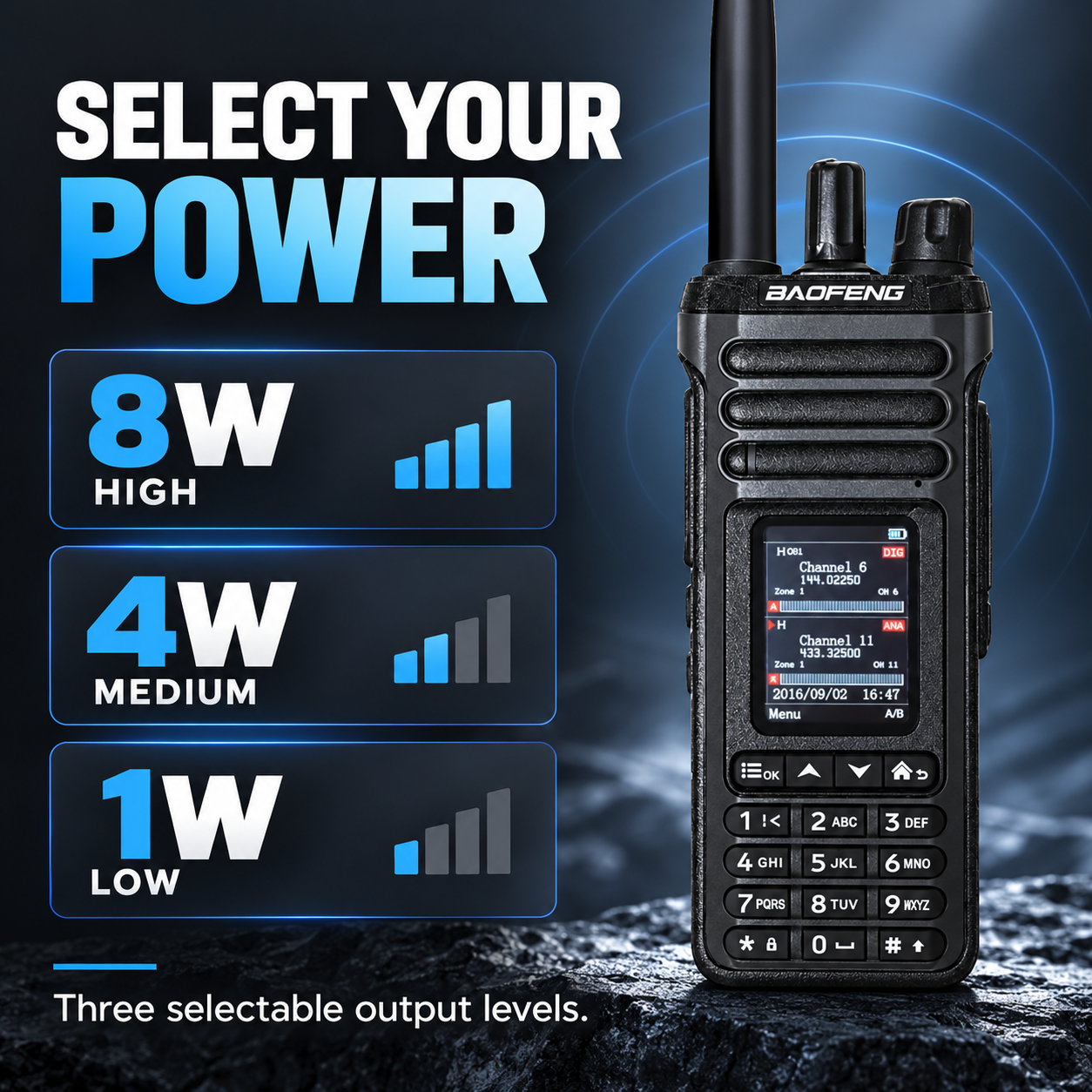 BAOFENG DM-36 selectable 8W high, 4W medium and 1W low power