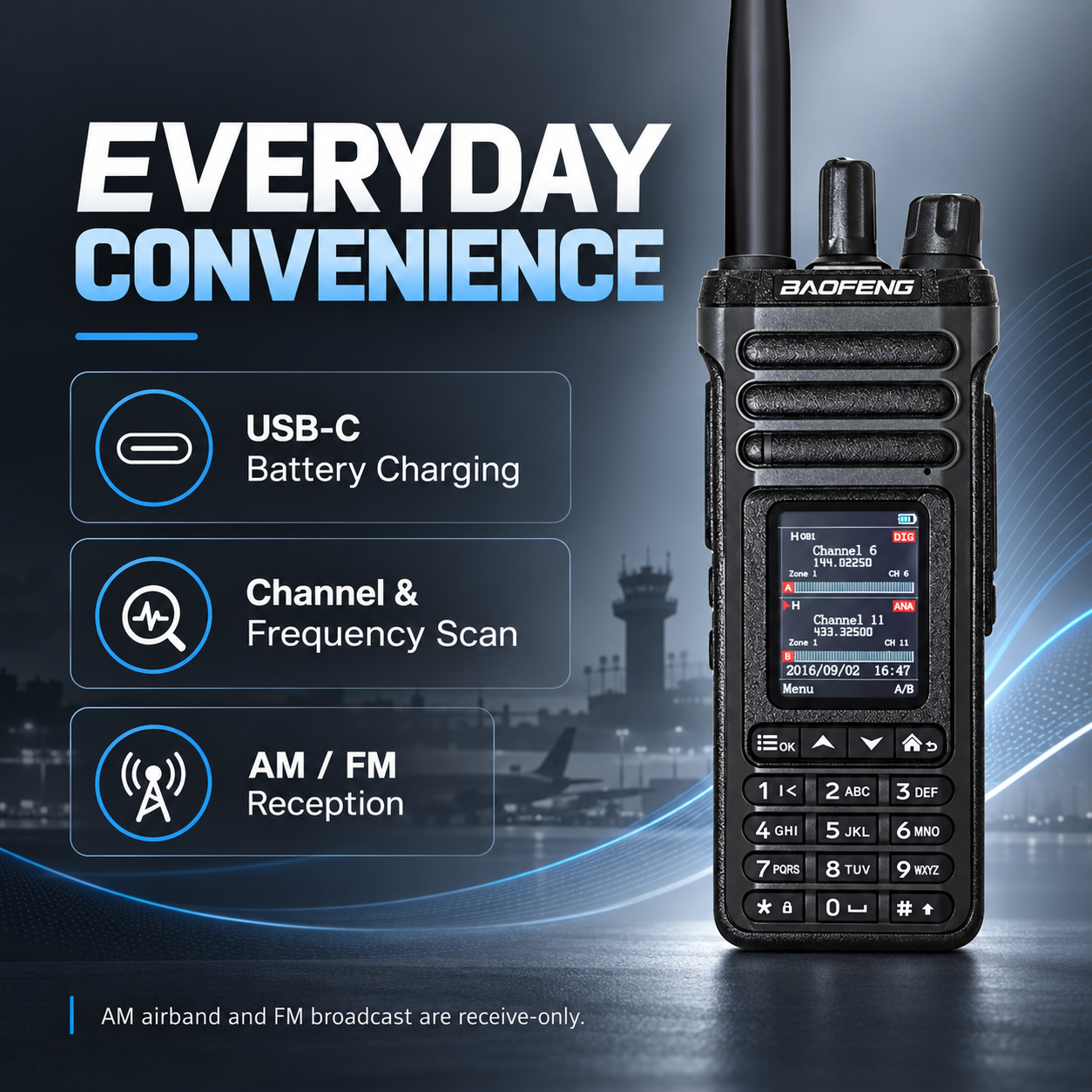 BAOFENG DM-36 USB-C battery charging, scanning and AM FM reception