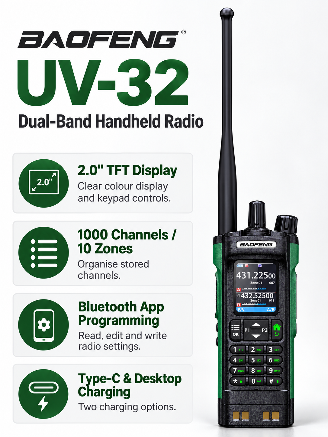 BAOFENG UV-32 black and green dual-band radio overview