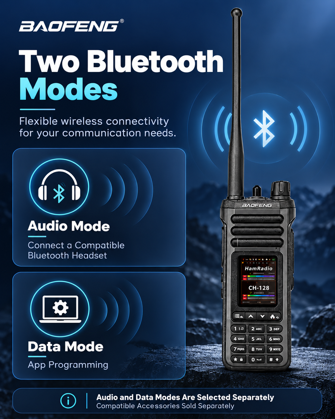 BAOFENG UV-36 selectable Bluetooth audio and data modes