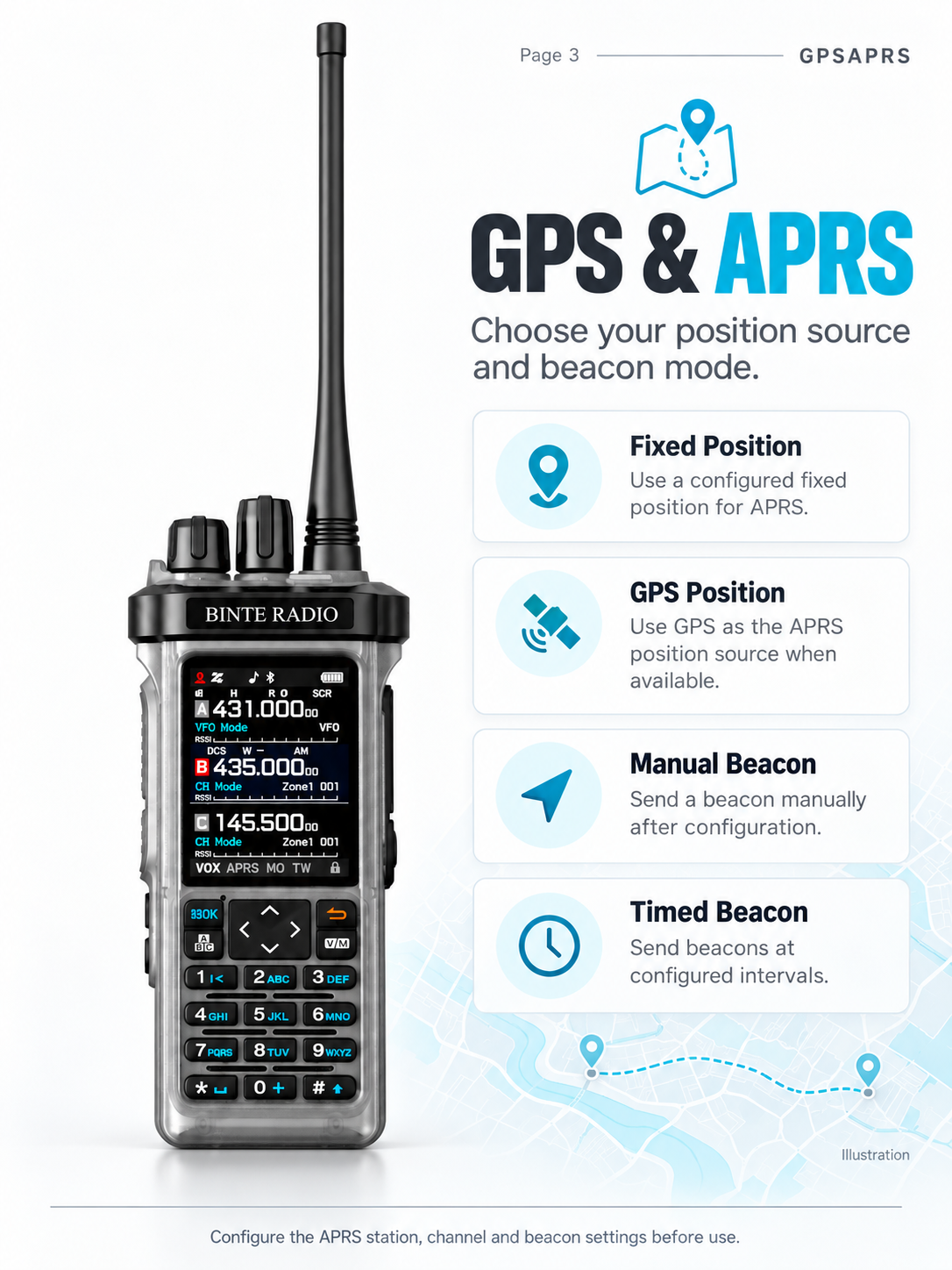BINTE RADIO BT-9000 Transparent Edition fixed position, GPS position and APRS beacon modes