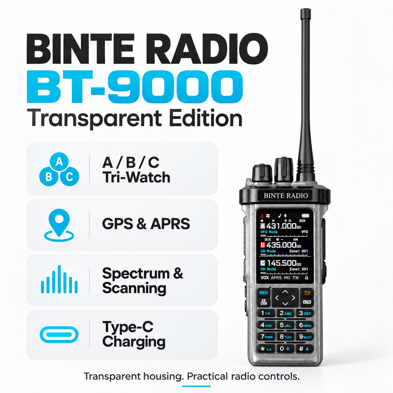 BINTE RADIO BT-9000 Transparent Edition key features including tri-watch, GPS APRS and Type-C charging