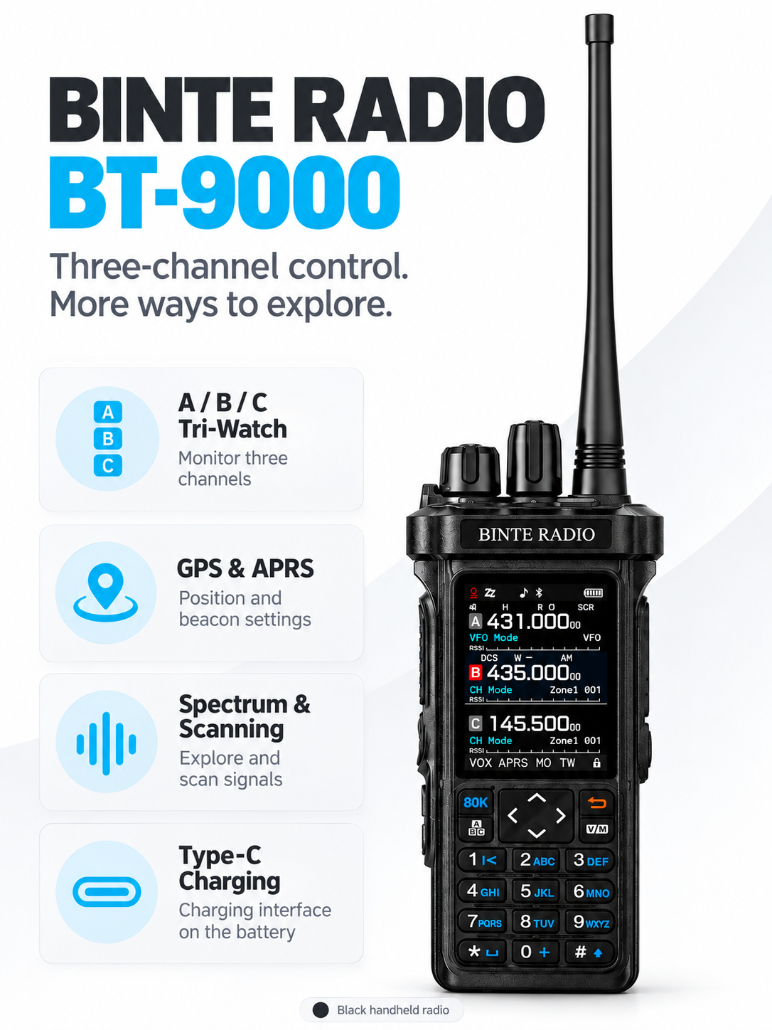 BINTE RADIO BT-9000 black handheld radio feature overview