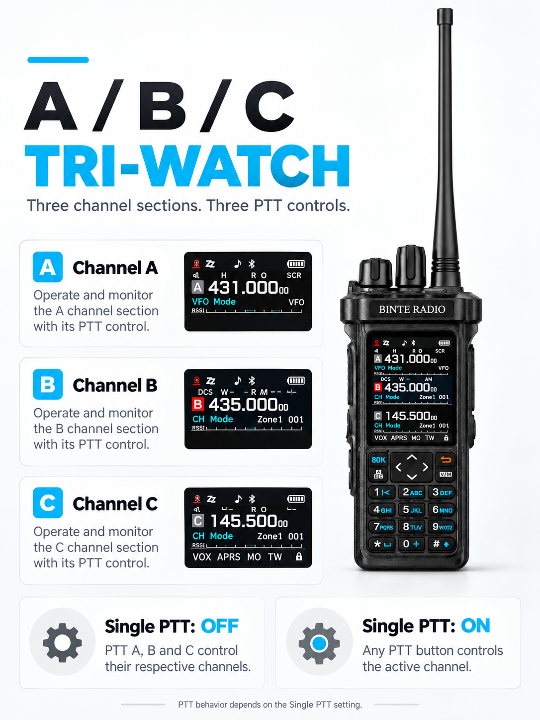 BINTE RADIO BT-9000 tri-watch and Single PTT on and off settings