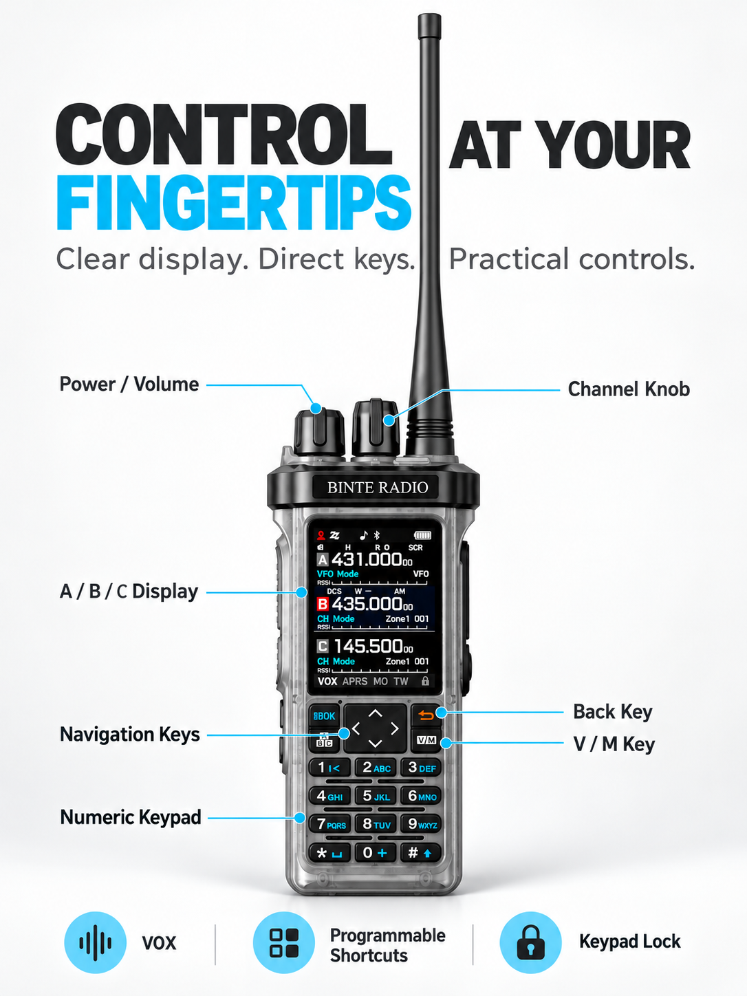 BINTE RADIO BT-9000 Transparent Edition knobs, display, navigation keys and numeric keypad