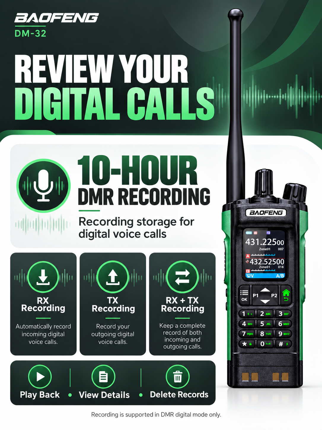 BAOFENG DM-32 DMR recording with RX, TX, playback and record management