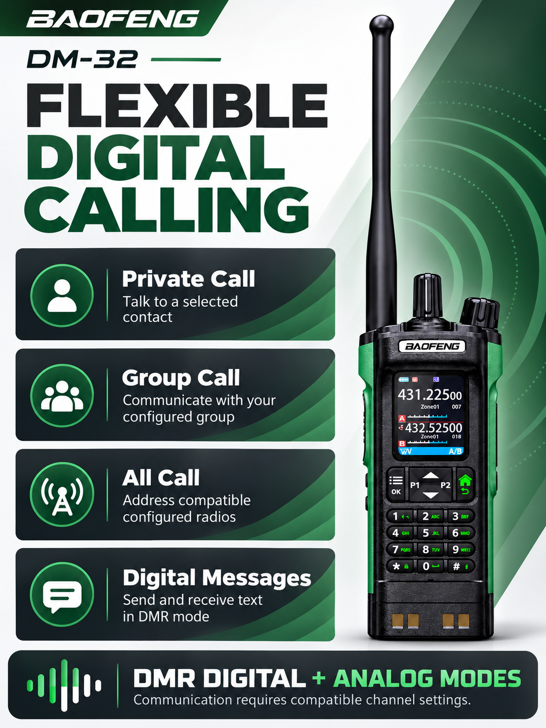 BAOFENG DM-32 private calls, group calls, all calls and digital messages