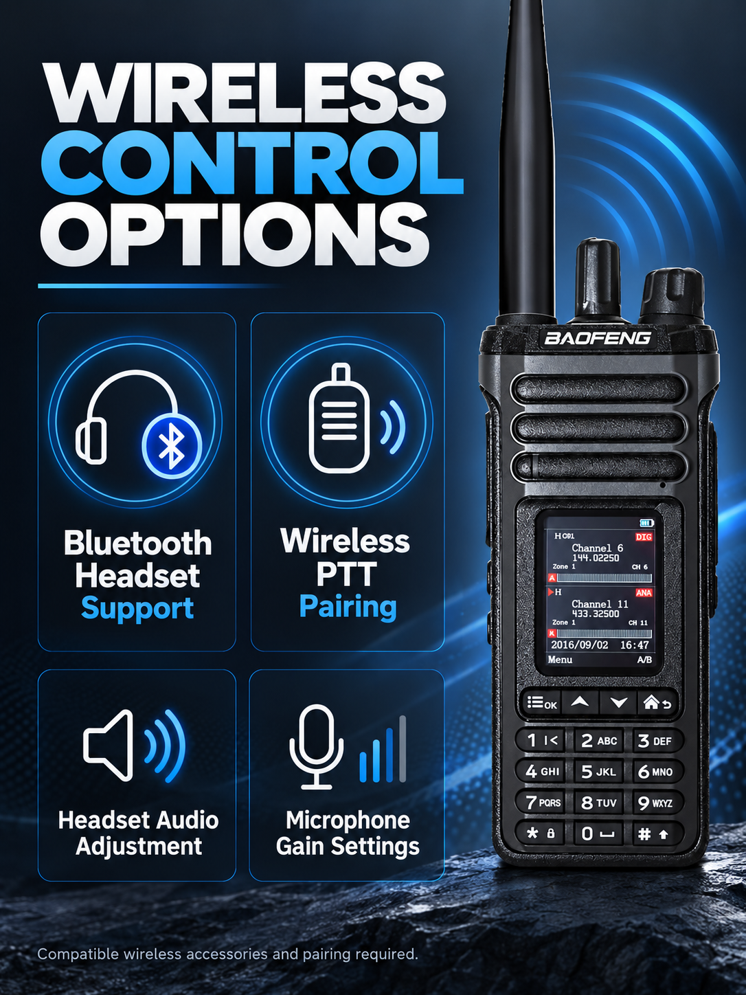 BAOFENG DM-36 Bluetooth audio settings and wireless PTT pairing