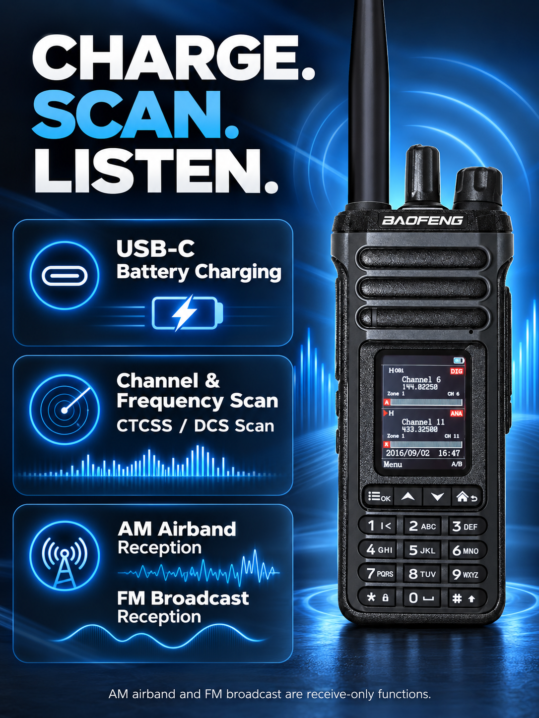BAOFENG DM-36 USB-C battery charging, scanning and receive-only AM FM functions
