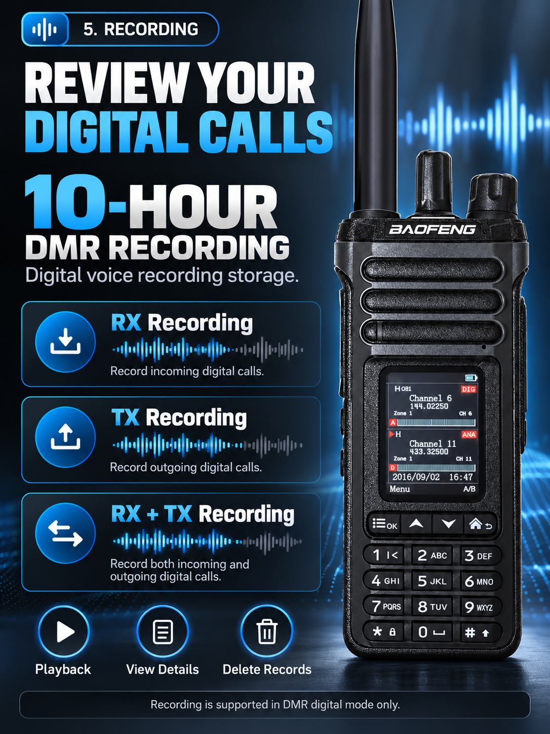 BAOFENG DM-36 RX TX digital recording, playback and record management