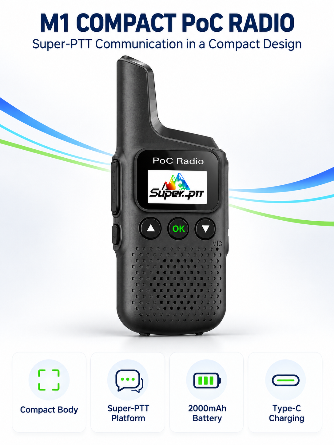 M1 compact PoC radio overview with Super-PTT, battery, and charging features.