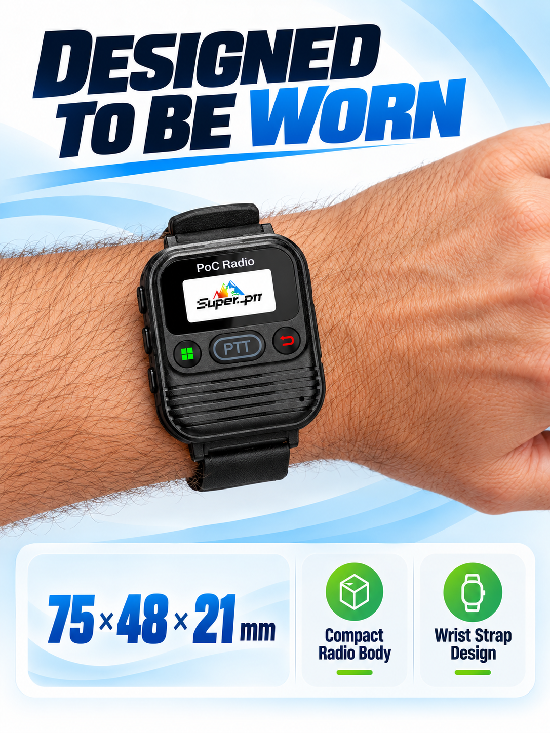 M2 radio worn on an adult wrist with compact size information.