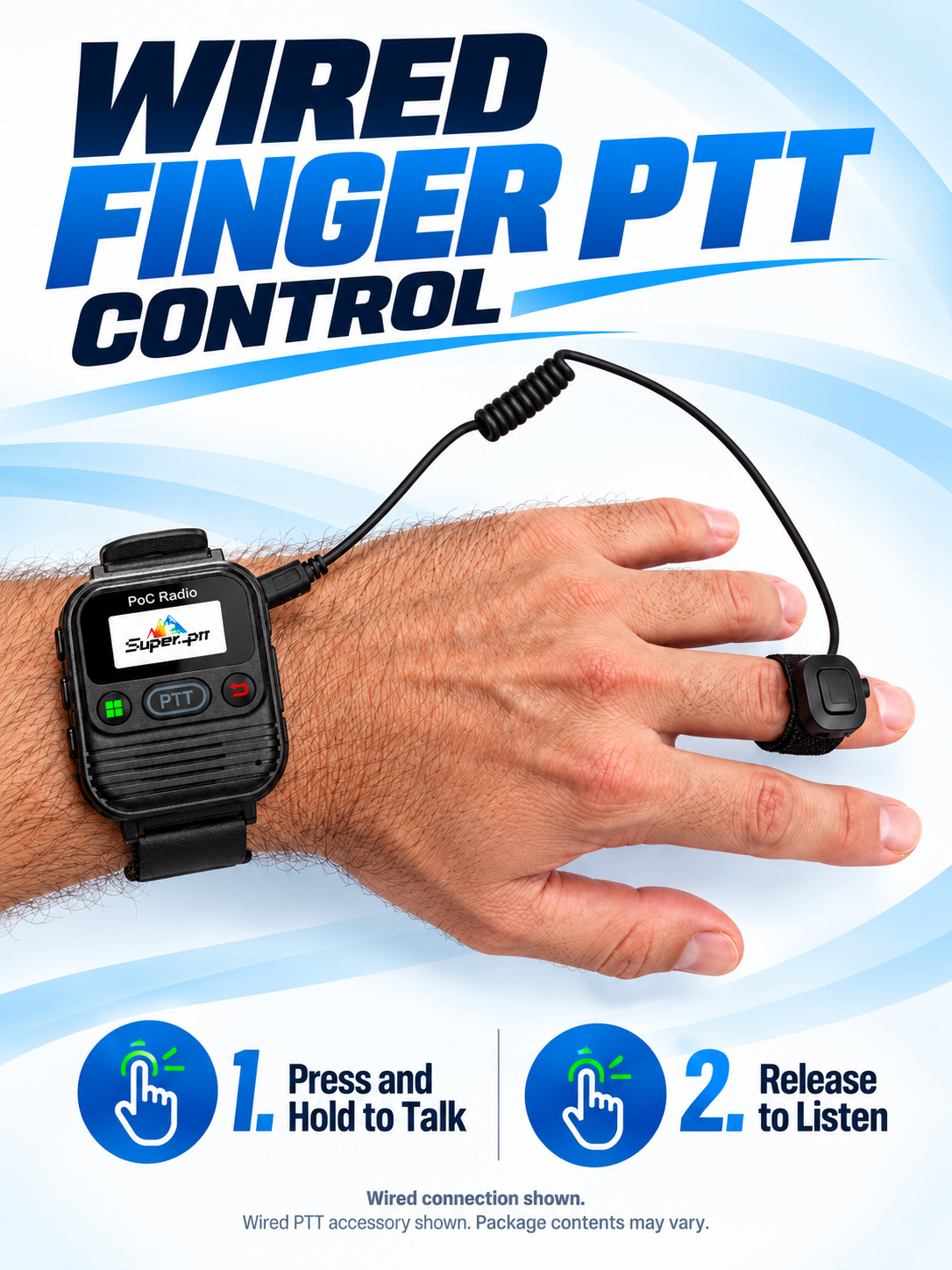 Wired finger PTT operation with the M2 wrist-worn radio.