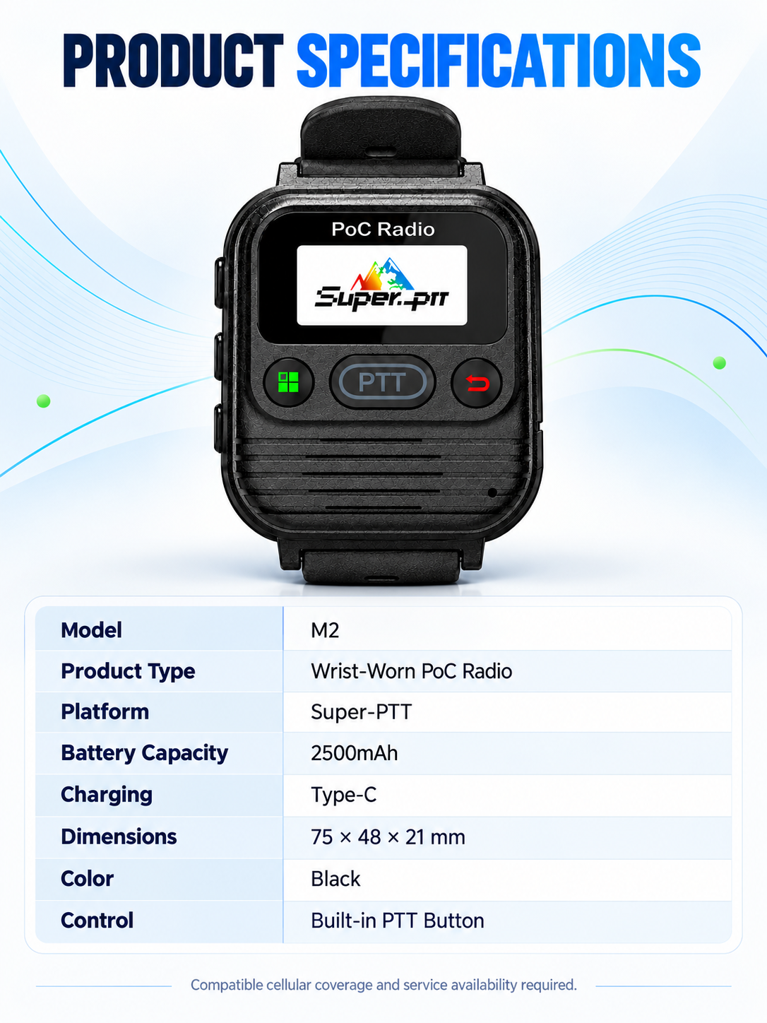 M2 wrist-worn PoC radio specifications and network requirements.