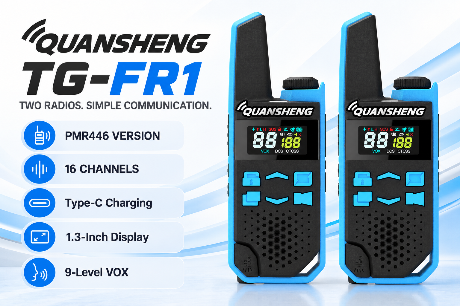 QUANSHENG TG-FR1 PMR446 — 16 Channels 2-pack product overview