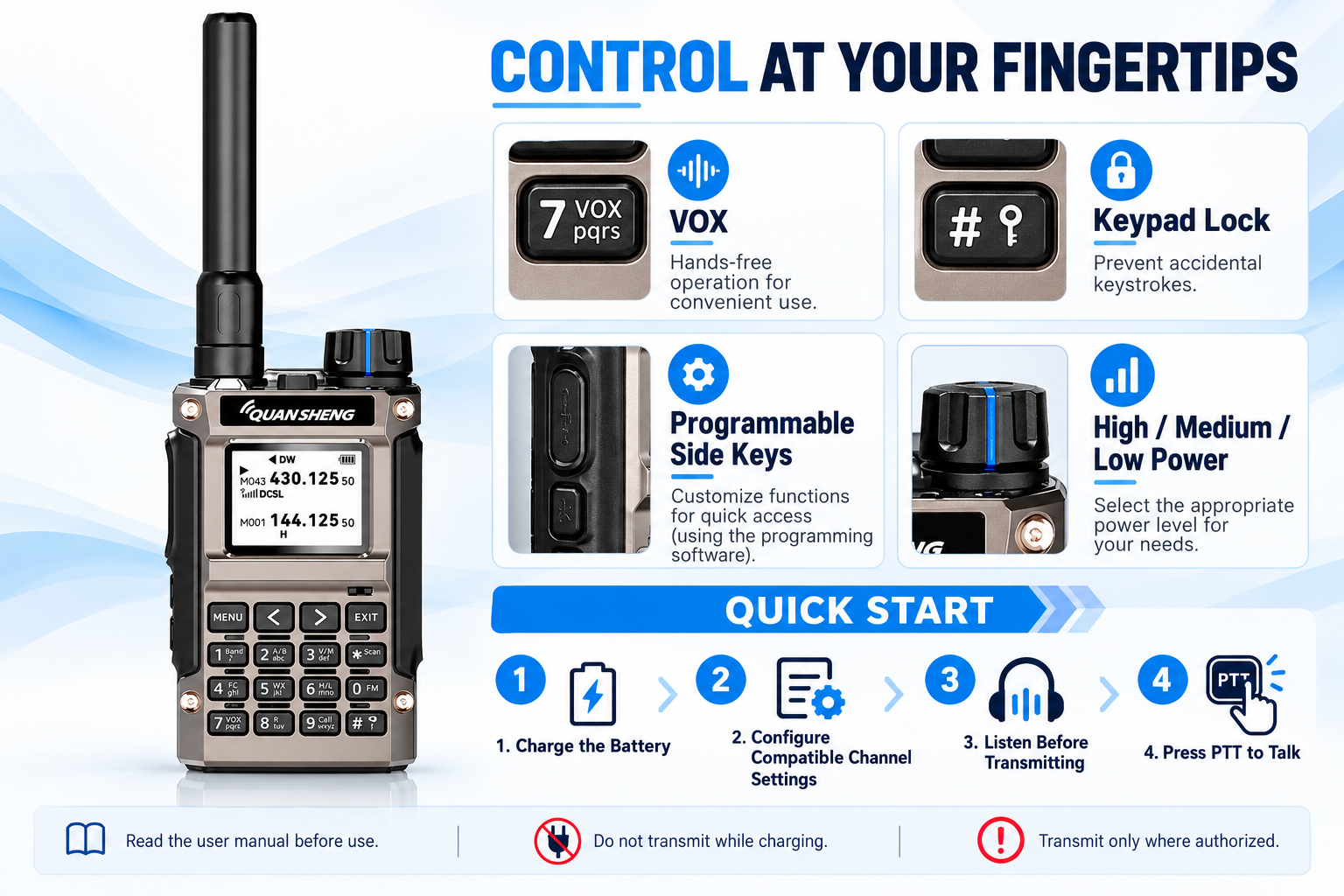 QUANSHENG UV-K1(8) radio controls and quick-start instructions