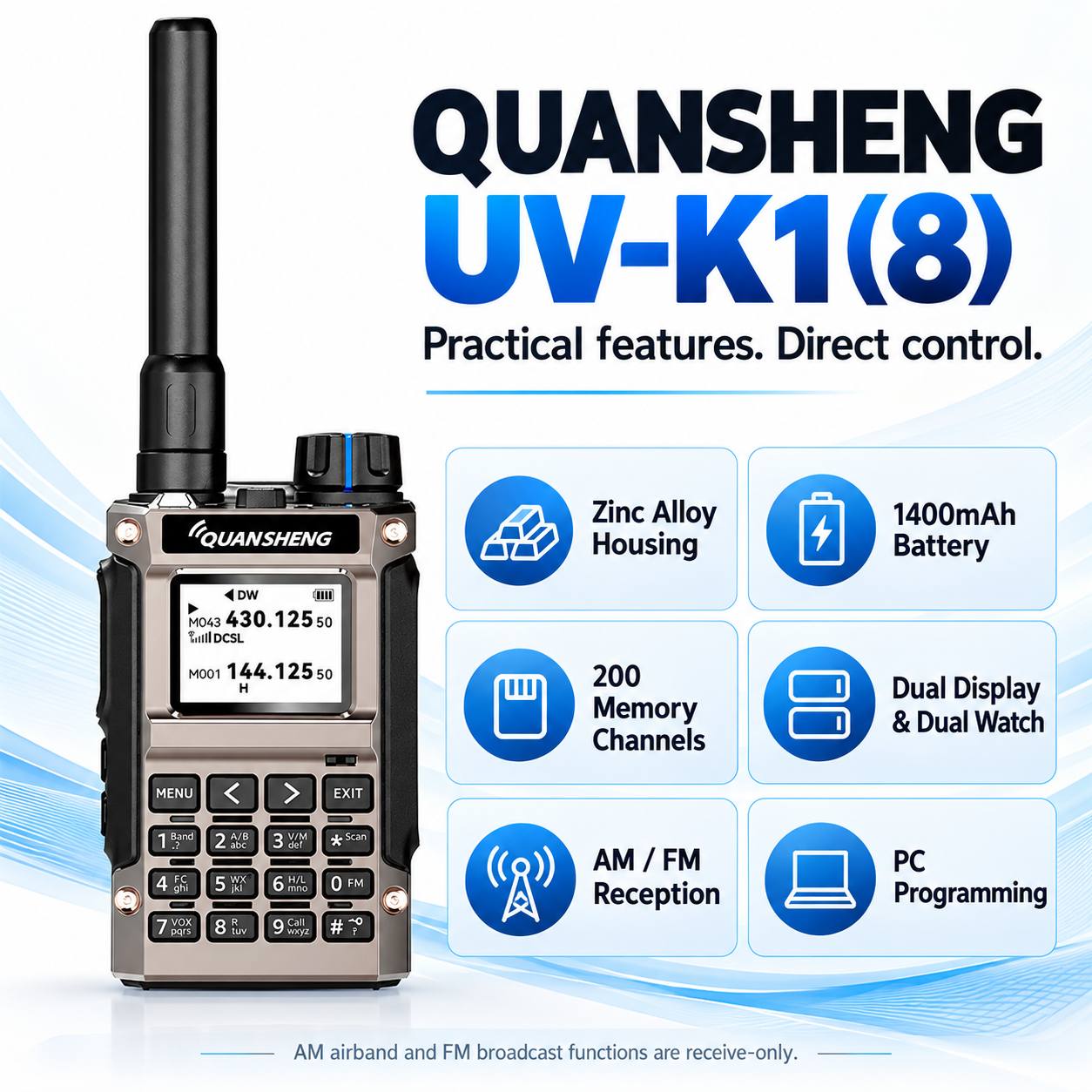 QUANSHENG UV-K1(8) 1400mAh handheld radio key features