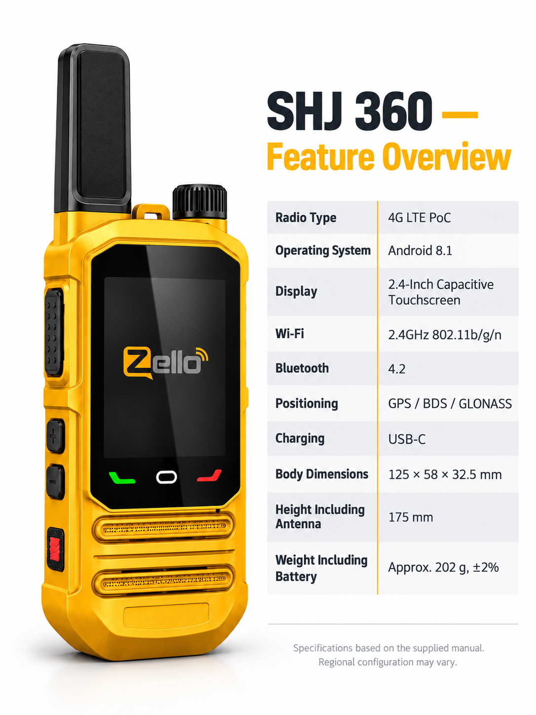 SHJ 360 display, connectivity, dimensions and device weight specifications