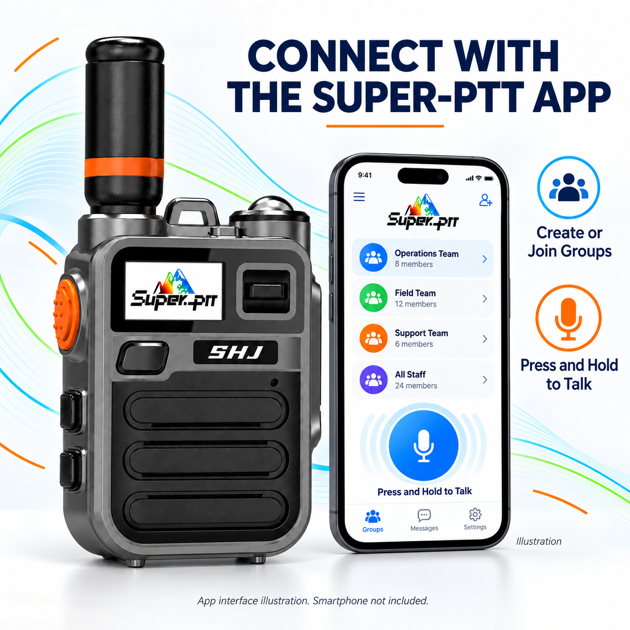 SHJ K28 radio and illustrated Super-PTT smartphone app communication.