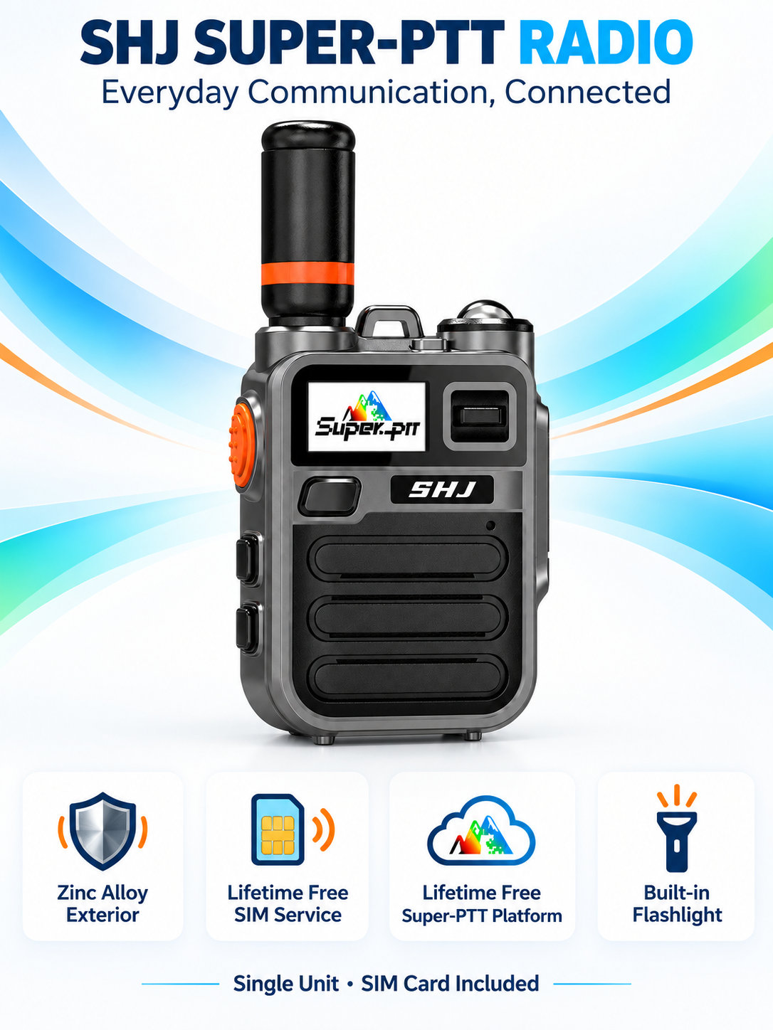 SHJ K28 product overview with zinc alloy exterior, flashlight, and lifetime free services.