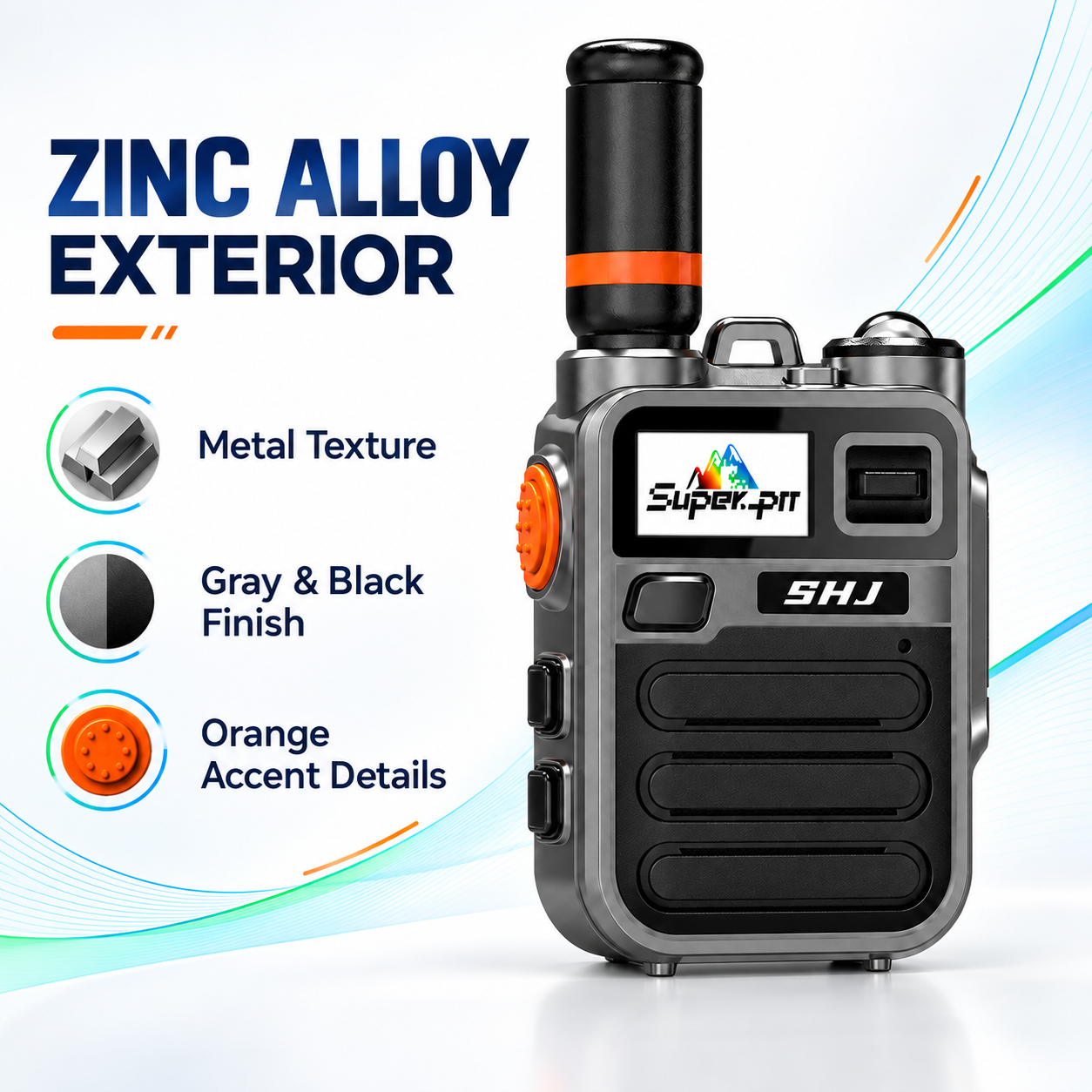 SHJ K28 gray zinc alloy exterior with black front panel and orange accents.