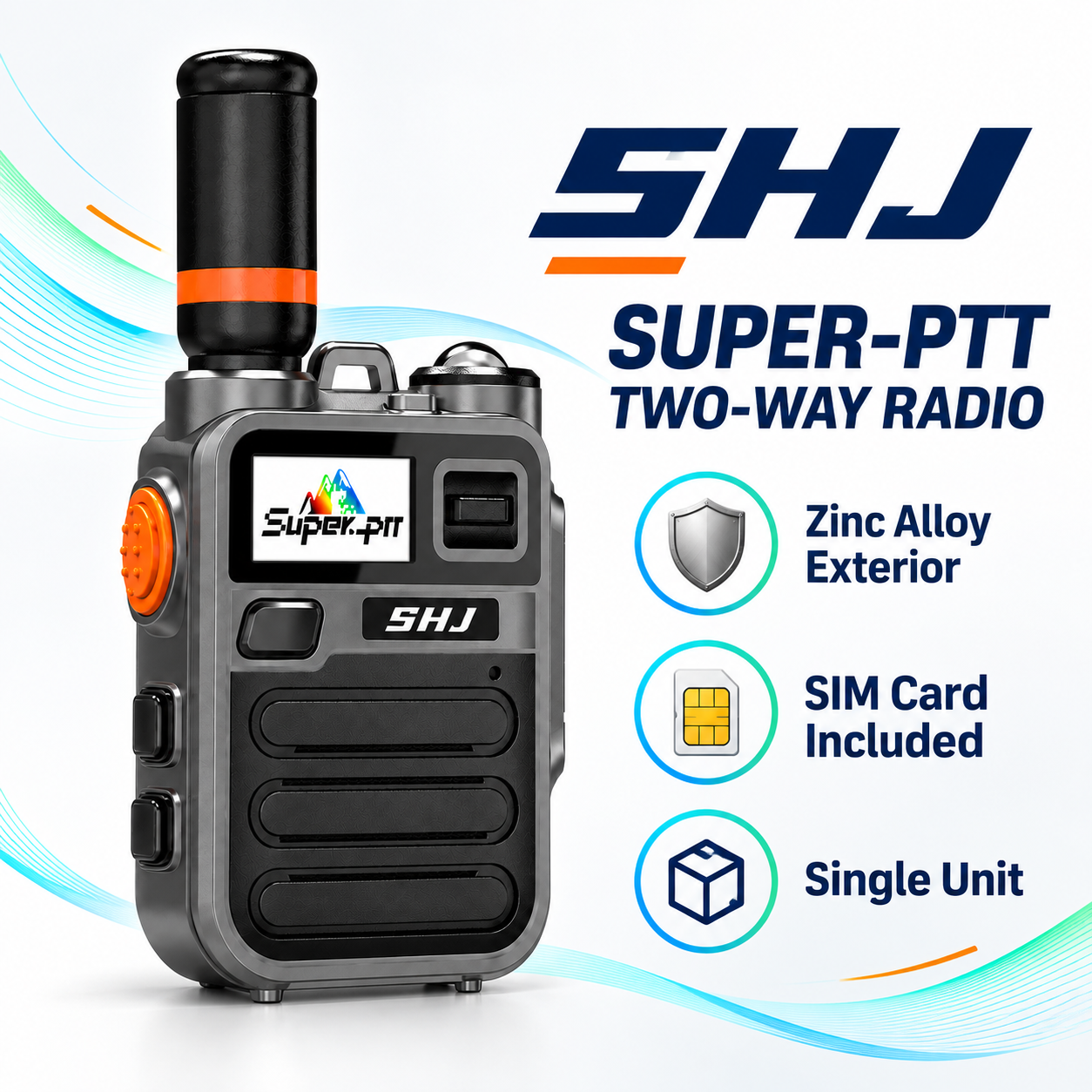 SHJ K28 Super-PTT radio with zinc alloy exterior and included SIM card.