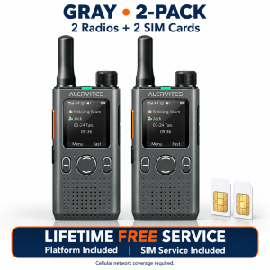 Two dark-gray ALERVITES POC-AT1 radios with two included SIM cards and lifetime-free services