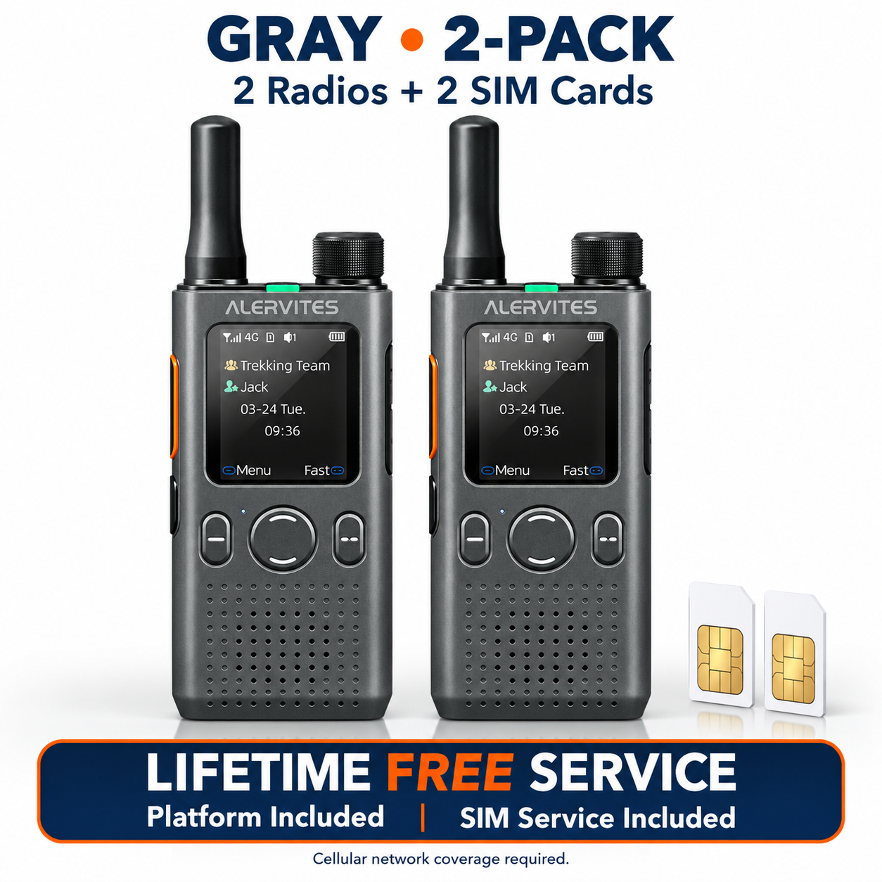 Two dark-gray ALERVITES POC-AT1 radios with two included SIM cards and lifetime-free services