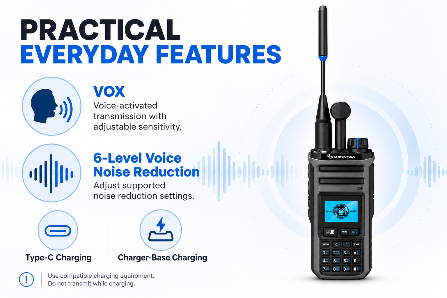 QUANSHENG TK-11(5) VOX noise reduction and USB-C charging support