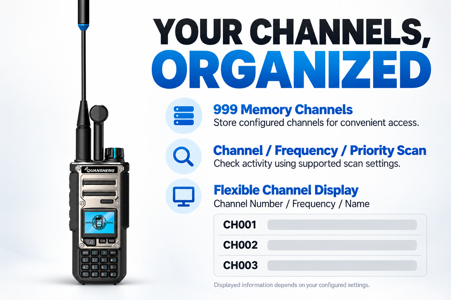 QUANSHENG TK-11(8) 999 memory channels scanning and channel display